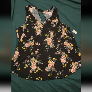 Old Navy Black Floral V-Neck Racerback Tank with Pink & Yellow Blooms